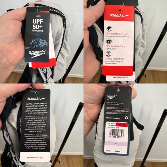 NWT Speedo Rib Logo One Piece Swimsuit Black Swimwear UPF 50 Pool Beach Size 6 - Picture 10 of 12